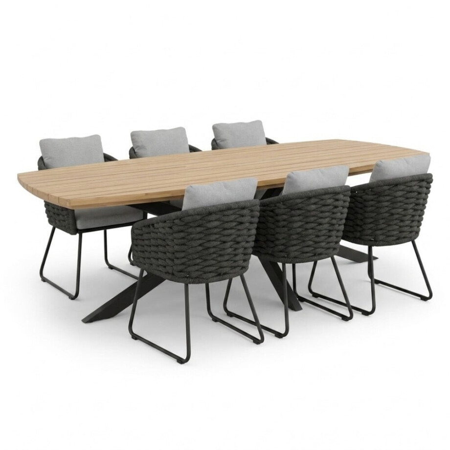 Salo/Flora Stone Grey dining tuinset | 6 personen | hardhout + touw | 240cm Deens afbeelding 1