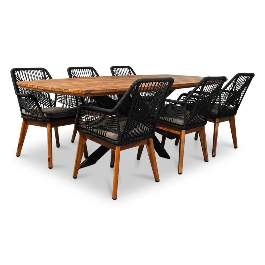 Salo/Seville zwart hout dining tuinset | 6 personen | hardhout + touw | 240cm afbeelding 1