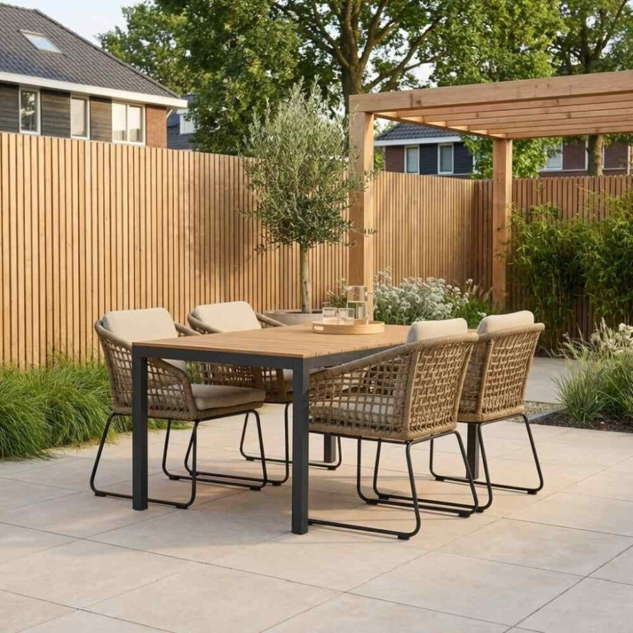 Delta/Tulum Sahara Dust dining tuinset | 4 personen | teakhout + touw | 160cm afbeelding 1