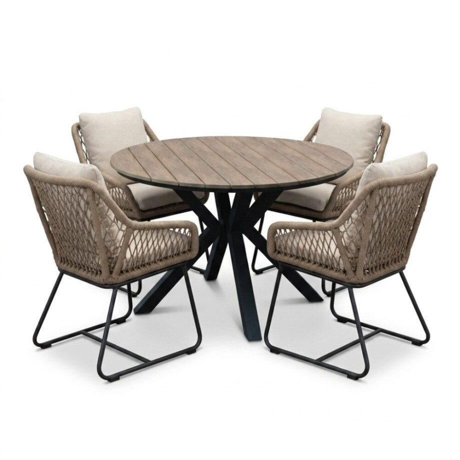 Cervo bruin/Portofino Sahara Dust dining tuinset | 4 personen | polywood + touw | 120cm rond Cervo bruin/Portofino Sahara Dust dining tuinset | 4 personen | polywood + touw | 120cm rond afbeelding 1