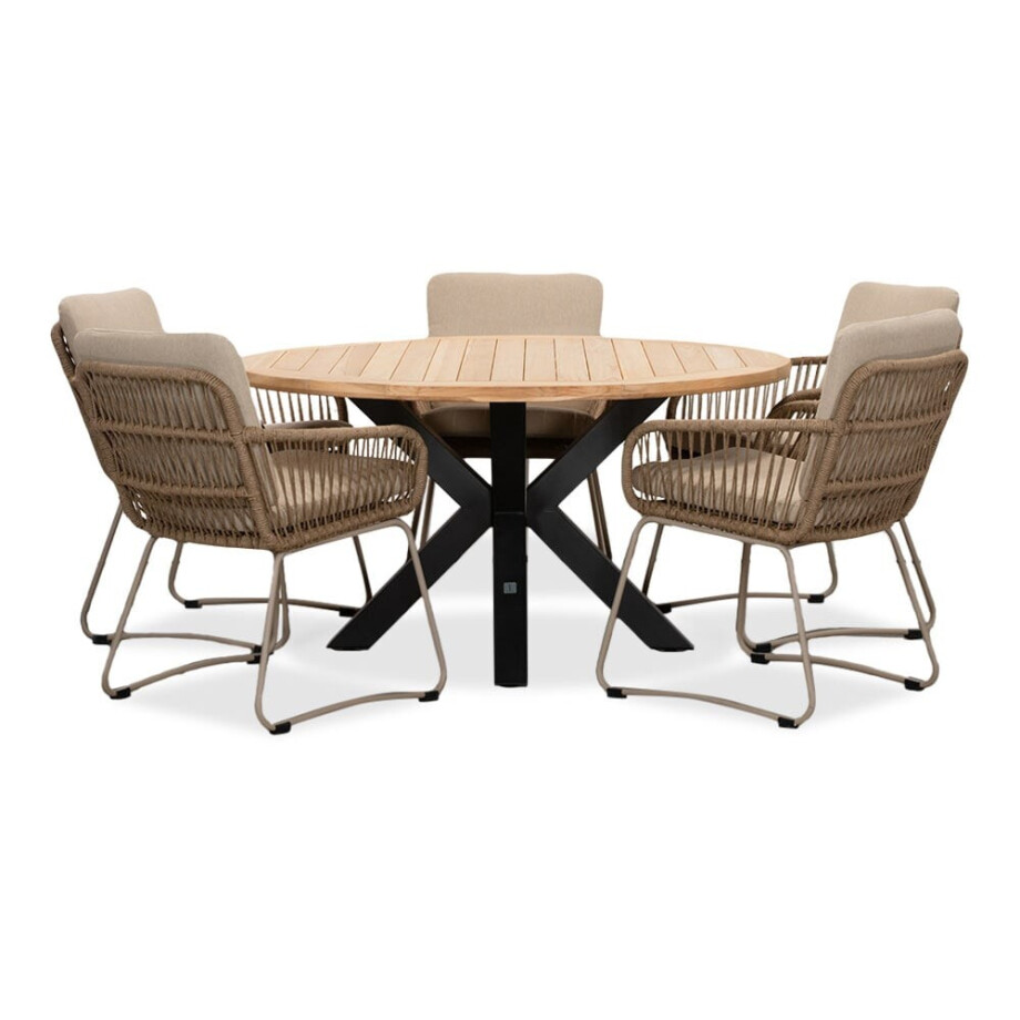 Cleve/Harper Sandstone dining tuinset | 5 personen | teakhout + touw | 140cm rond afbeelding 1