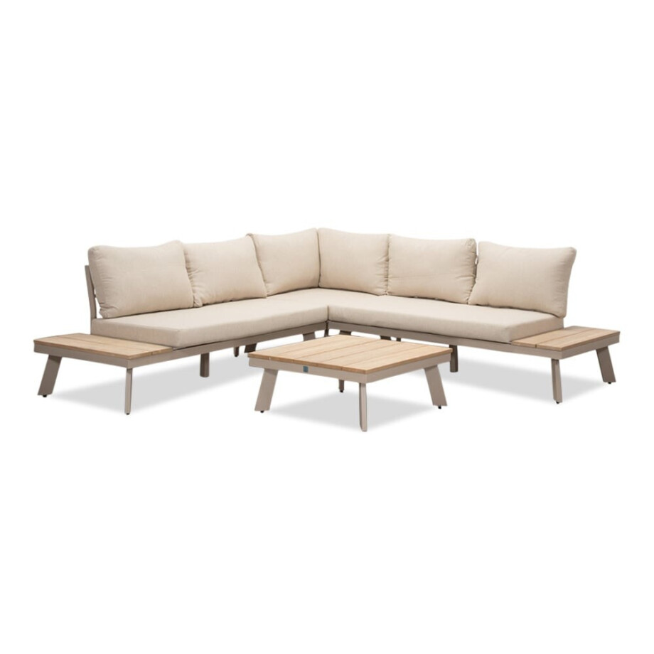 New York hoek loungeset 5 personen | aluminium + hardhout | beige/Light Teaklook | 4-delig - 248x248cm afbeelding 1