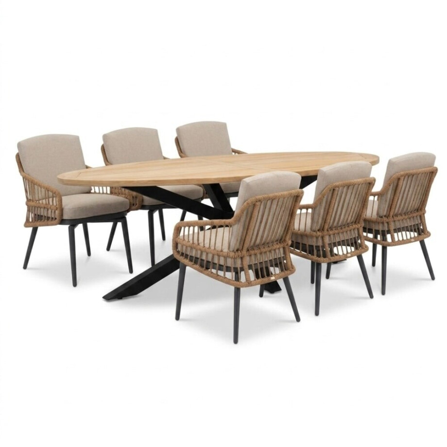 Cleve antraciet/Alicante zand dining tuinset | 6 personen | teakhout + wicker | 240cm ovaal afbeelding 1