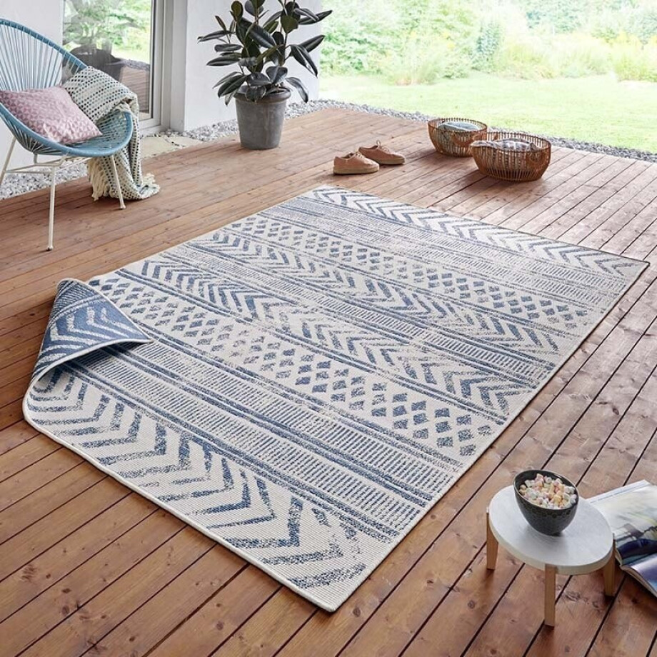 Dubbelzijdig Buitenkleed Biri - Blauw/Crème maat: 150x80cm - materiaal: Polypropyleen - Dekbed-Discounter.nl afbeelding 