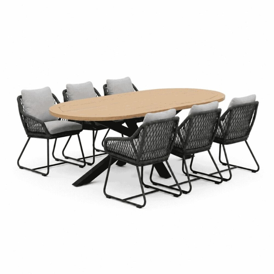 Cleve/Portofino Stone Grey dining tuinset | 6 personen | teakhout + touw | 240cm ovaal Cleve/Portofino Stone Grey dining tuinset | 6 personen | teakhout + touw | 240cm ovaal afbeelding 1
