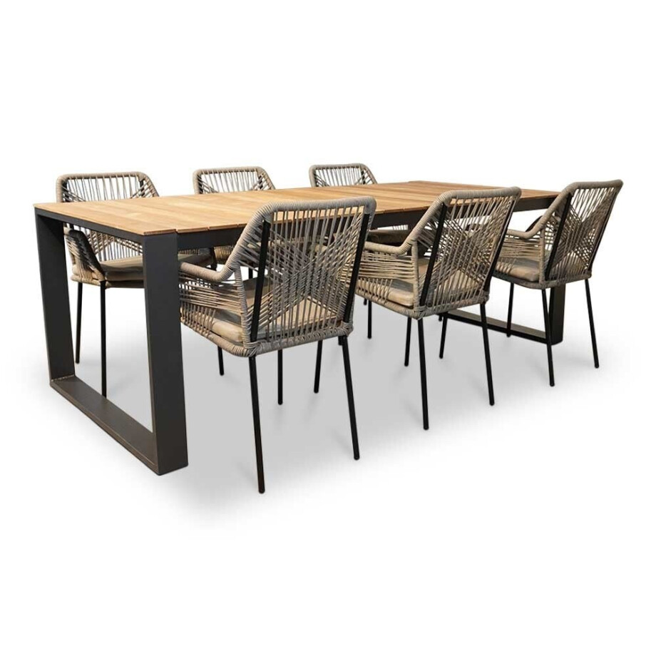 Atlanta/Seville zand dining tuinset | 6 personen | teakhout + touw | 218cm afbeelding 1