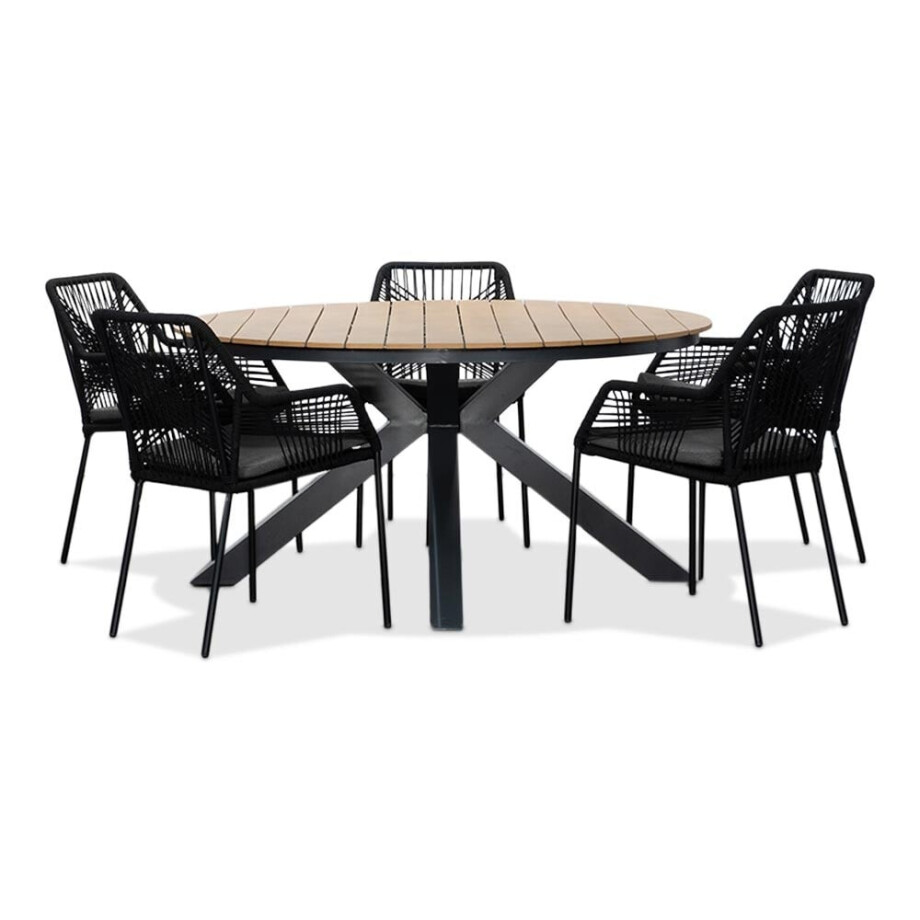Arezzo/Seville zwart dining tuinset | 5 personen | polywood + touw | 150cm rond Arezzo/Seville zwart dining tuinset | 5 personen | polywood + touw | 150cm rond afbeelding 1