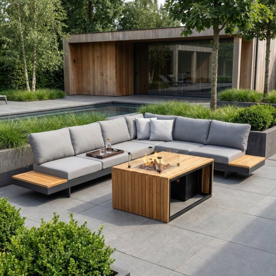Barbados/Mida hoek loungeset met vuurtafel 6 personen | aluminium + teakhout | antraciet | 5-delig - 323x245cm afbeelding 1