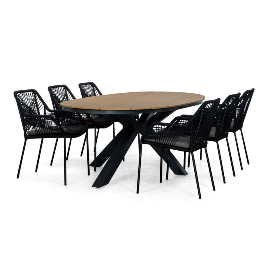 Arezzo/Seville zwart dining tuinset | 6 personen | polywood + touw | 240cm ovaal Arezzo/Seville zwart dining tuinset | 6 personen | polywood + touw | 240cm ovaal afbeelding 1