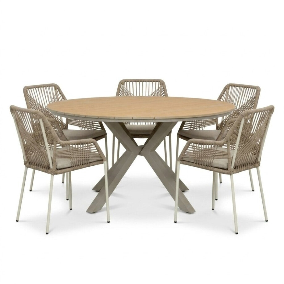 Calgary/Seville beige dining tuinset | 5 personen | polywood + touw | 144cm rond afbeelding 1