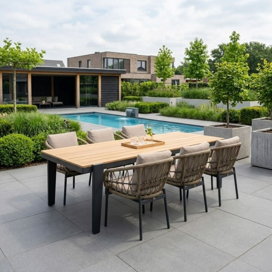 Vigo/Dakota beige/antraciet dining tuinset | 6 personen | teakhout + touw | 260cm afbeelding 1