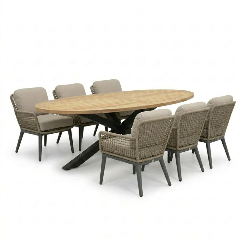 Cleve antraciet/Mila beige/antraciet low dining tuinset | 6 personen | sintered stone + touw | 240cm afbeelding 