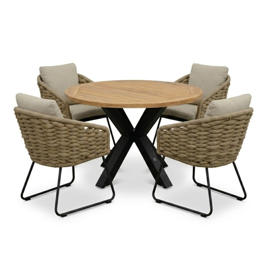 Cleve antraciet/Flora Sahara Dust dining tuinset | 4 personen | teakhout + touw | 120cm rond afbeelding 1