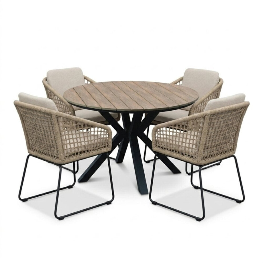 Cervo bruin/Tulum Sahara Dust dining tuinset | 4 personen | polywood + touw | 120cm rond Cervo bruin/Tulum Sahara Dust dining tuinset | 4 personen | polywood + touw | 120cm rond afbeelding 1