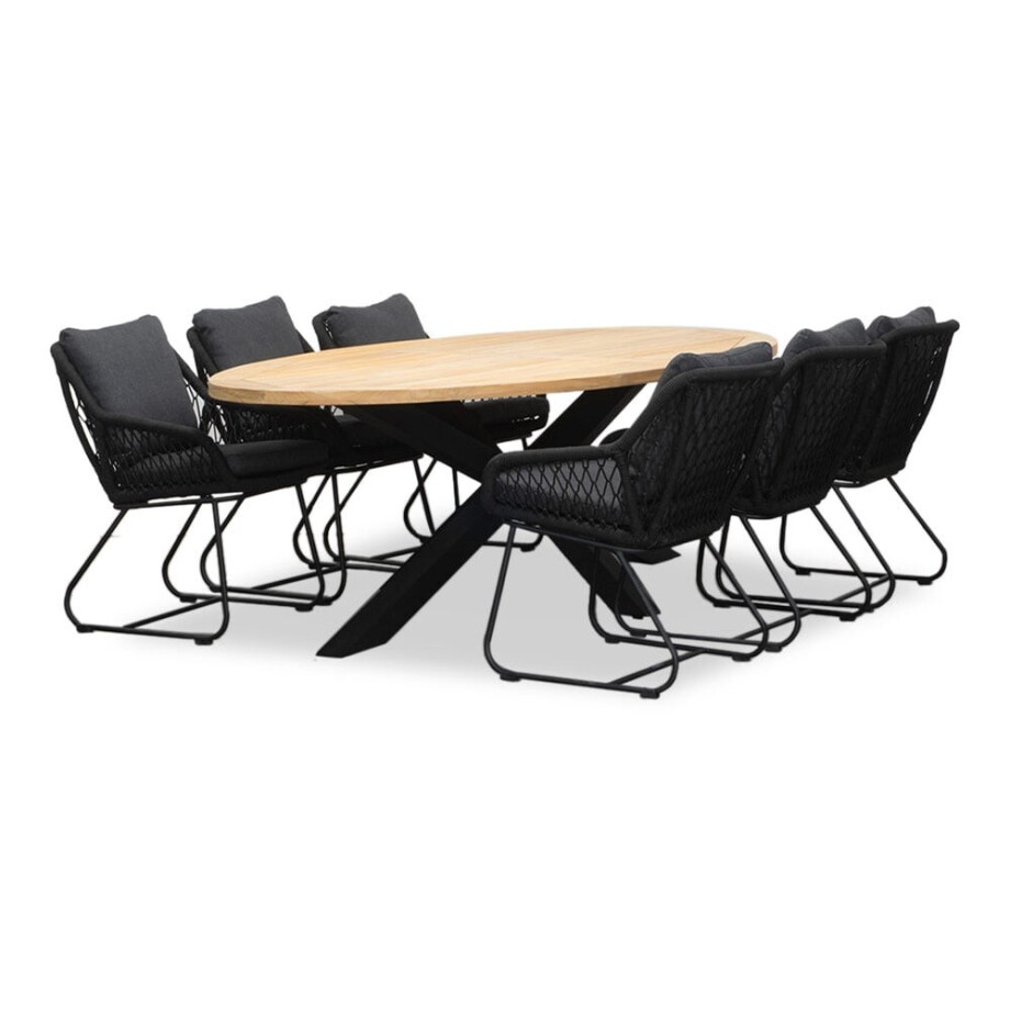 Cleve/Portofino zwart dining tuinset | 6 personen | teakhout + touw | 240cm ovaal afbeelding 1