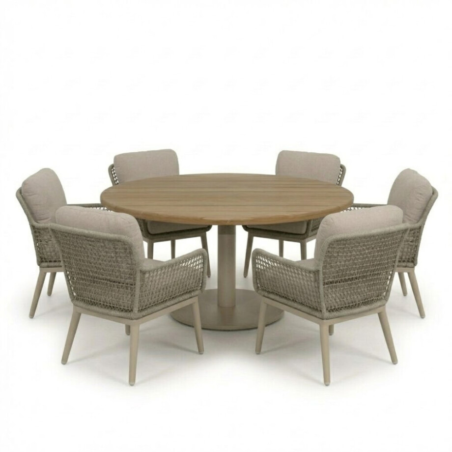 Salora beige/Mila beige low dining tuinset | 6 personen | teakhout + touw | 150cm afbeelding 