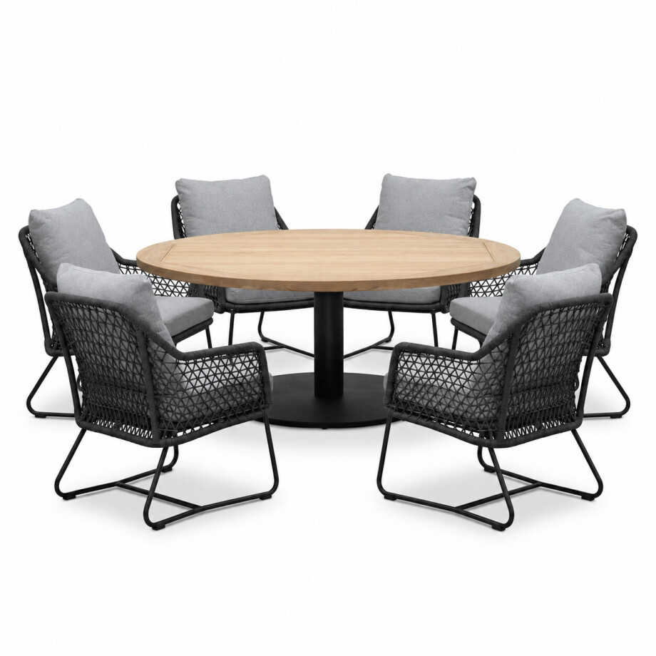 Ventura antraciet/Gianna Stone Grey low dining tuinset | 6 personen | teakhout + touw | 150cm rond Ventura antraciet/Gianna Stone Grey low dining tuinset | 6 personen | teakhout + touw | 150cm rond afbeelding