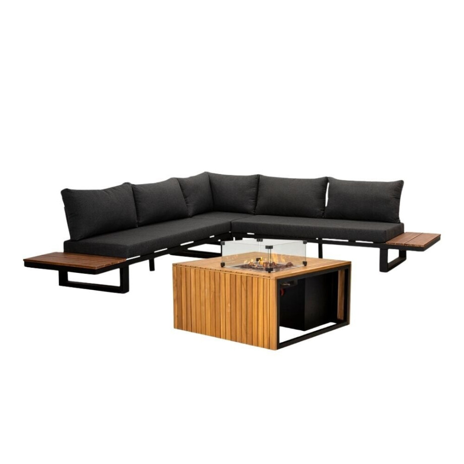Canyon/Mida hoek loungeset met vuurtafel 5 personen | aluminium + hardhout | antraciet/Light Teaklook | 4-delig - 288x288cm afbeelding 