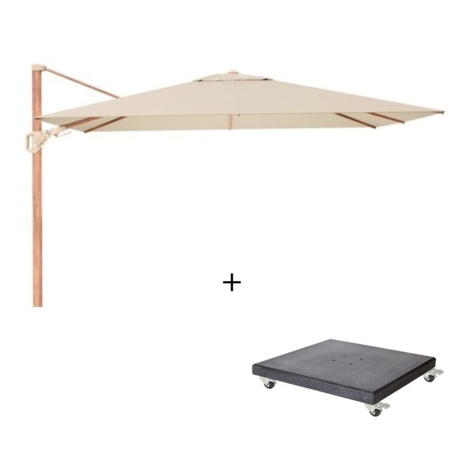 Challenger T² zweefparasol - premium doek | 260x350cm met Modena parasolvoet 90kg | Champagne/Teak look afbeelding 1