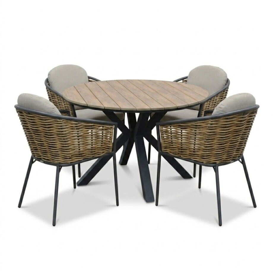 Cervo bruin/Lucca dining tuinset | 4 personen | polywood + wicker | 120cm rond Cervo bruin/Lucca dining tuinset | 4 personen | polywood + wicker | 120cm rond afbeelding 1