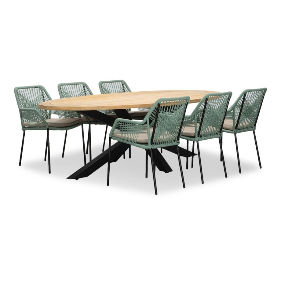Cleve/Seville mint dining tuinset | 6 personen | teakhout + touw | 240cm ovaal Cleve/Seville mint dining tuinset | 6 personen | teakhout + touw | 240cm ovaal afbeelding 1