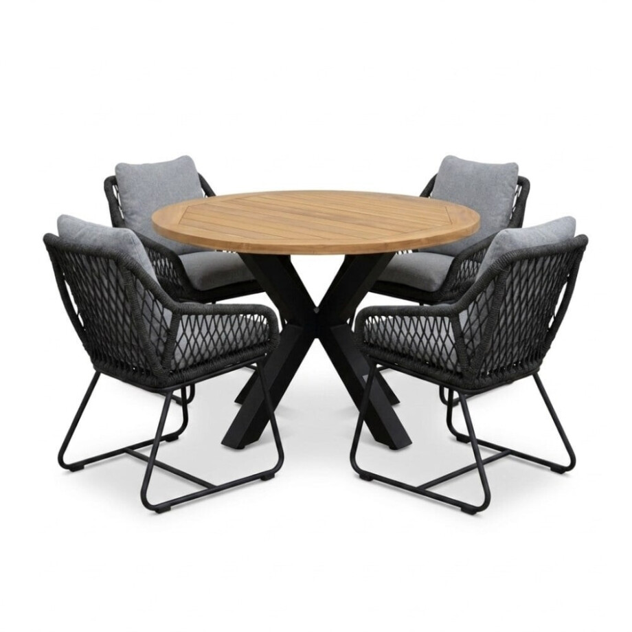 Cleve/Portofino Stone Grey dining tuinset | 4 personen | teakhout + touw | 120cm rond afbeelding 1