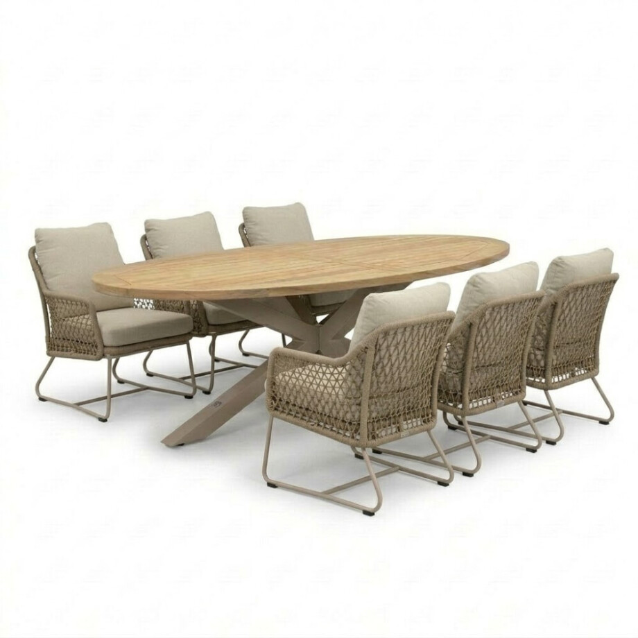Cleve beige/Gianna Sandstone low dining tuinset | 6 personen | teakhout + touw | 240cm ovaal afbeelding 
