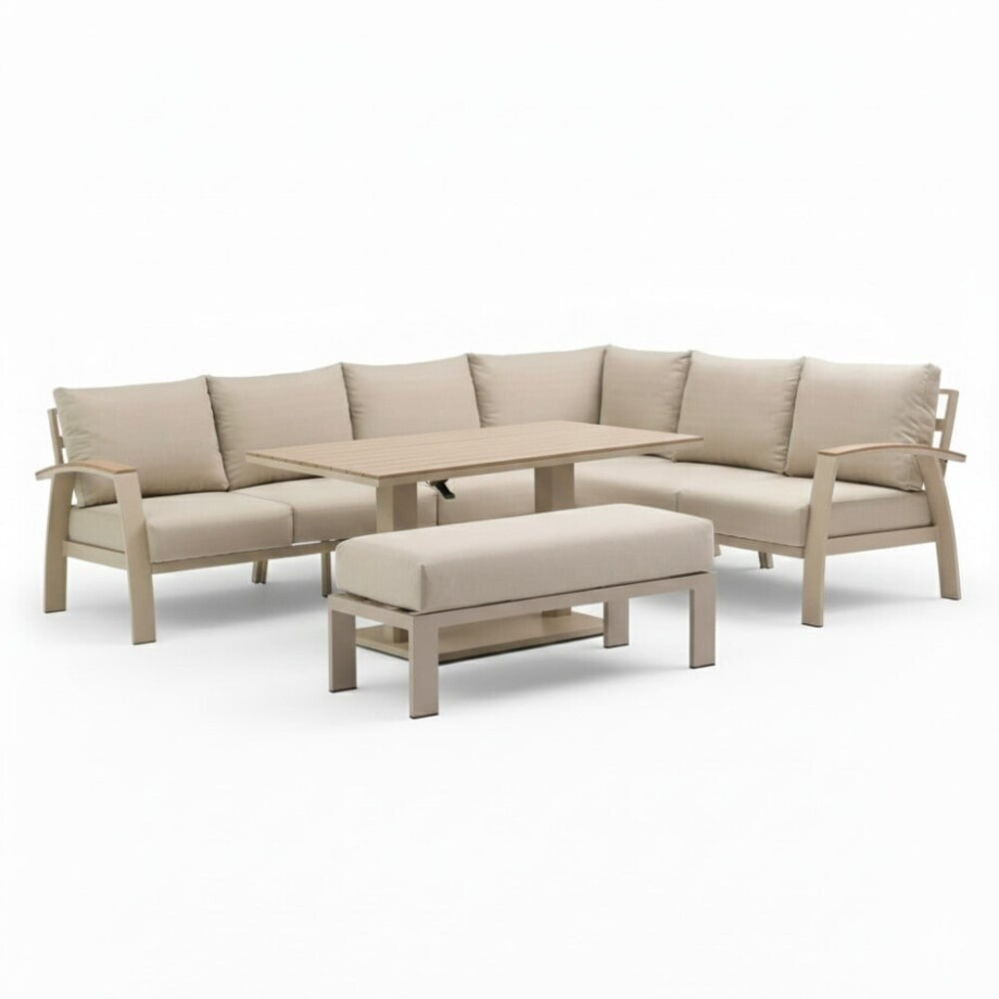 Bordeaux dining loungeset incl. bank 8 personen | aluminium + polywood | beige | 5-delig - 290x225cm Bordeaux dining loungeset incl. bank 8 personen | aluminium + polywood | beige | 5-delig - 290x225cm afbeelding