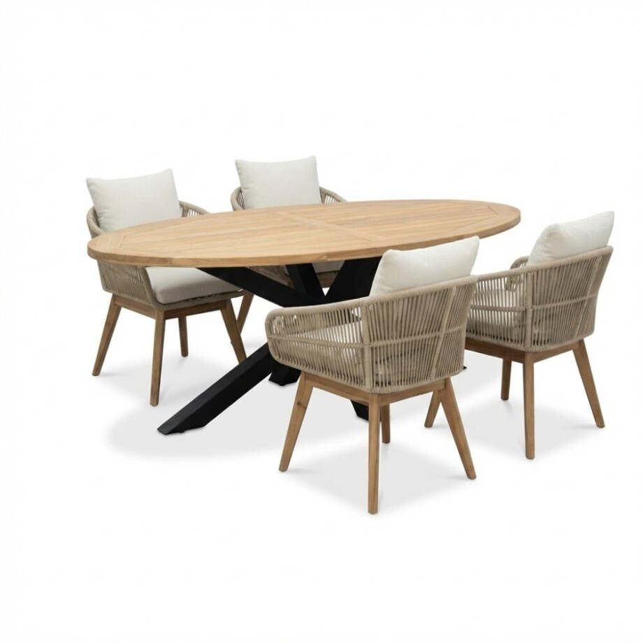 Cleve/Bella zand dining tuinset | 4 personen | teakhout + touw | 200cm ovaal Cleve/Bella zand dining tuinset | 4 personen | teakhout + touw | 200cm ovaal afbeelding