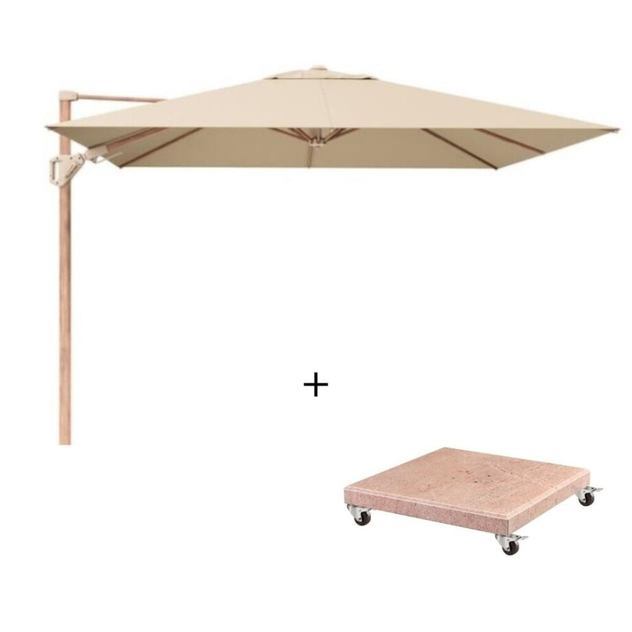 Challenger T² zweefparasol - premium doek | 300x300cm met Venezia parasolvoet 90kg | Champagne/Teak look afbeelding 1