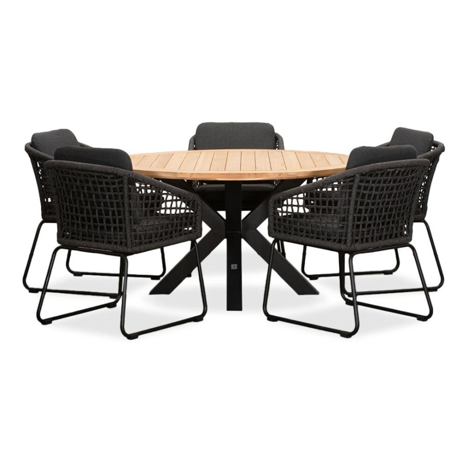 Cleve/Tulum Lava Grey dining tuinset | 5 personen | teakhout + touw | 140cm rond afbeelding 1
