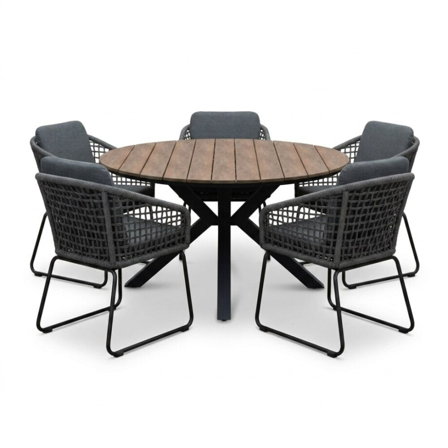Cervo bruin/Tulum Lava Grey dining tuinset | 5 personen | polywood + touw | 144cm rond Cervo bruin/Tulum Lava Grey dining tuinset | 5 personen | polywood + touw | 144cm rond afbeelding 1