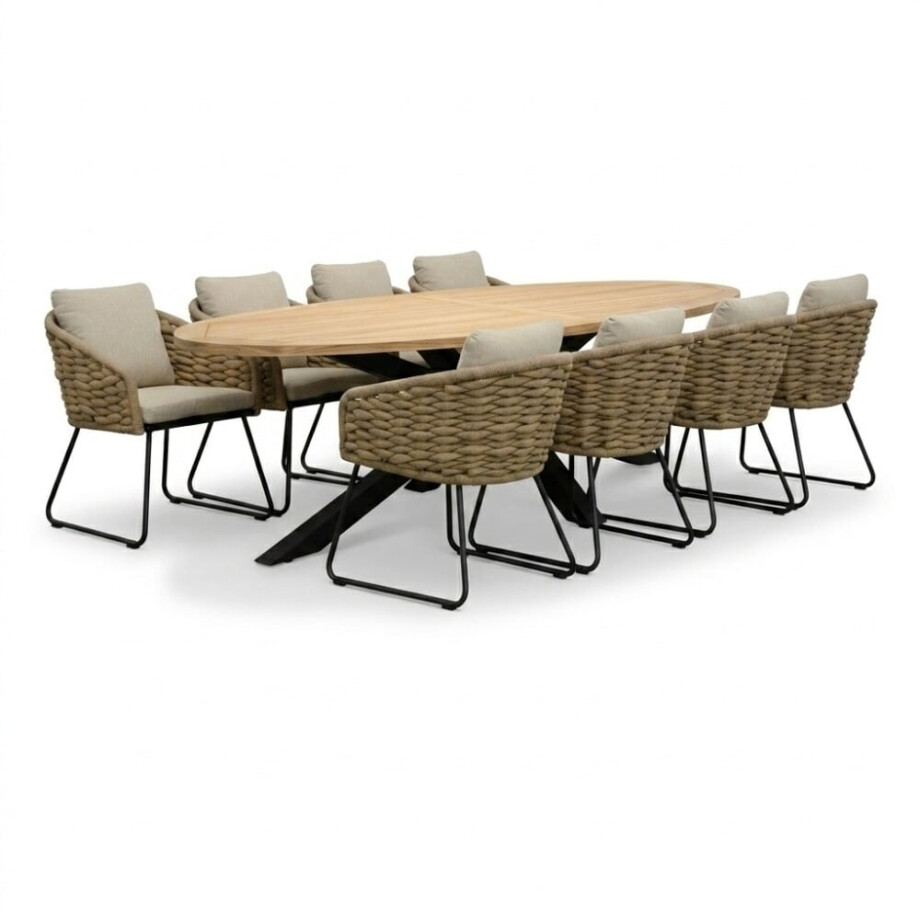 Cleve antraciet/Flora Sahara Dust dining tuinset | 8 personen | teakhout + touw | 280cm ovaal afbeelding 1