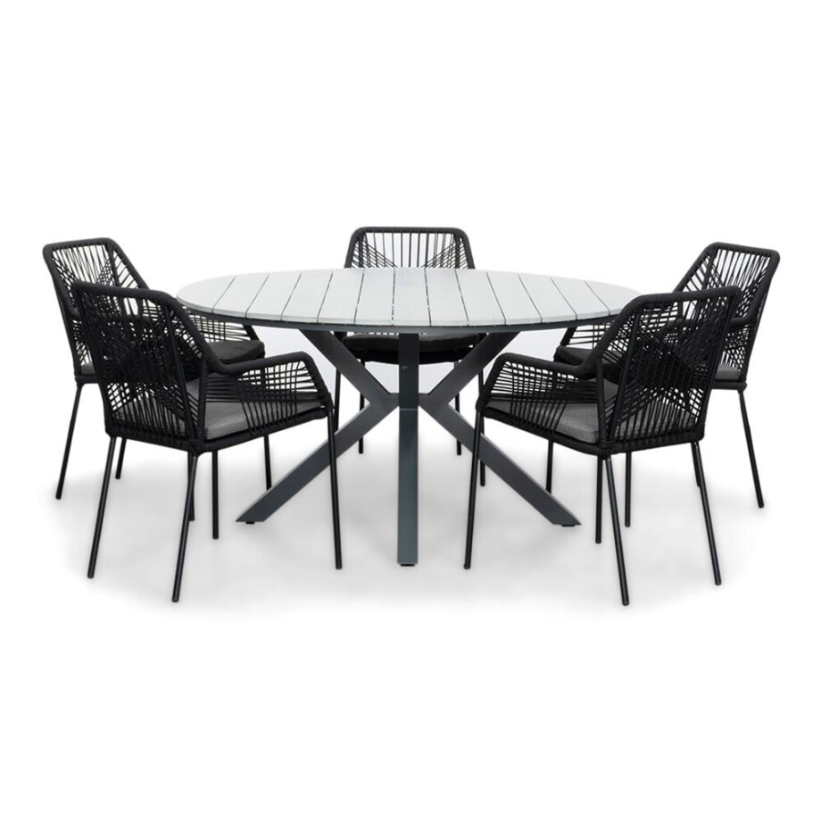 Cervo Grey/Seville zwart dining tuinset | 5 personen | polywood + touw | 144cm rond Cervo Grey/Seville zwart dining tuinset | 5 personen | polywood + touw | 144cm rond afbeelding 1
