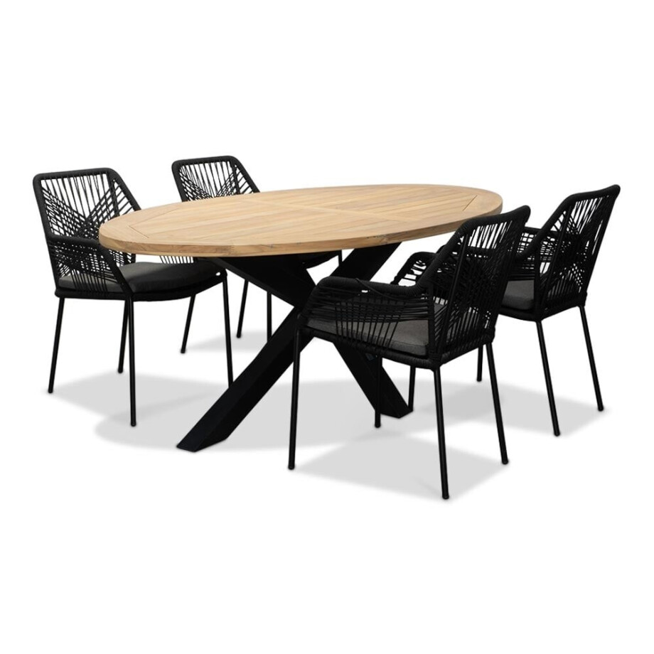 Cleve/Seville zwart dining tuinset | 4 personen | teakhout + touw | 200cm ovaal Cleve/Seville zwart dining tuinset | 4 personen | teakhout + touw | 200cm ovaal afbeelding 1