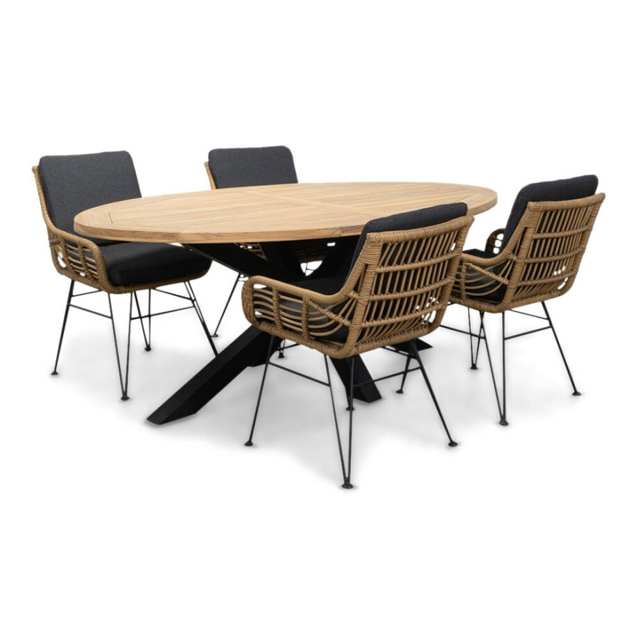 Cleve/Carlos antraciet dining tuinset | 4 personen | teakhout + wicker | 200cm ovaal afbeelding 1