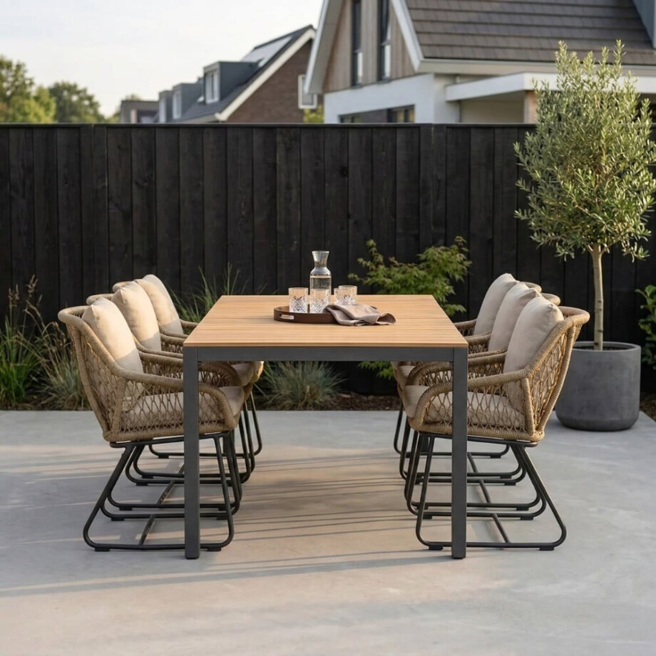 Delta/Portofino Sahara Dust dining tuinset | 6 personen | teakhout + touw | 220cm afbeelding 1