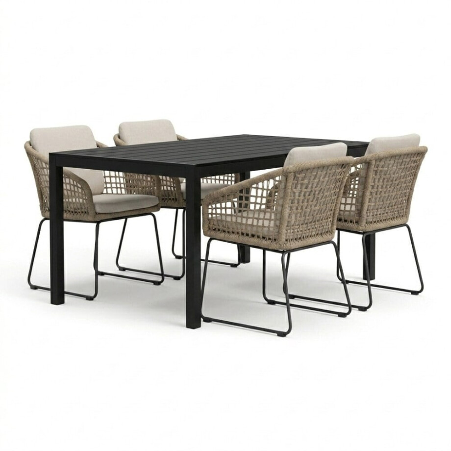 Manchester zwart/Tulum Sahara Dust dining tuinset | 4 personen | polywood + touw | 205cm Manchester zwart/Tulum Sahara Dust dining tuinset | 4 personen | polywood + touw | 205cm afbeelding 1