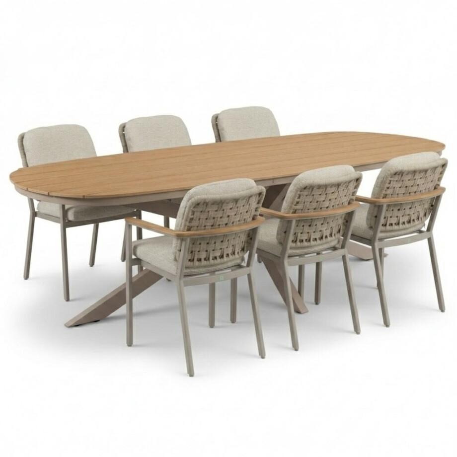Texas/Montana beige dining tuinset | 6 personen | polywood + aluminium | 260cm Deens ovaal Texas/Montana beige dining tuinset | 6 personen | polywood + aluminium | 260cm Deens ovaal afbeelding