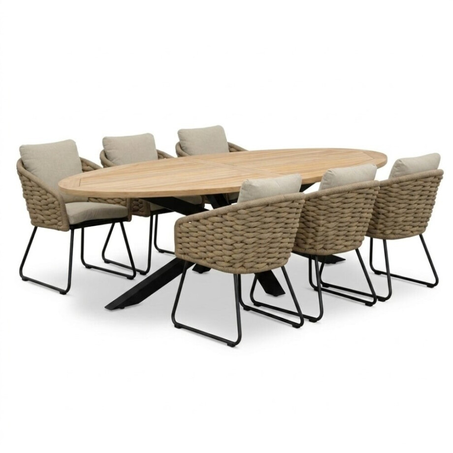 Cleve antraciet/Flora Sahara Dust dining tuinset | 6 personen | teakhout + touw | 240cm ovaal afbeelding 1