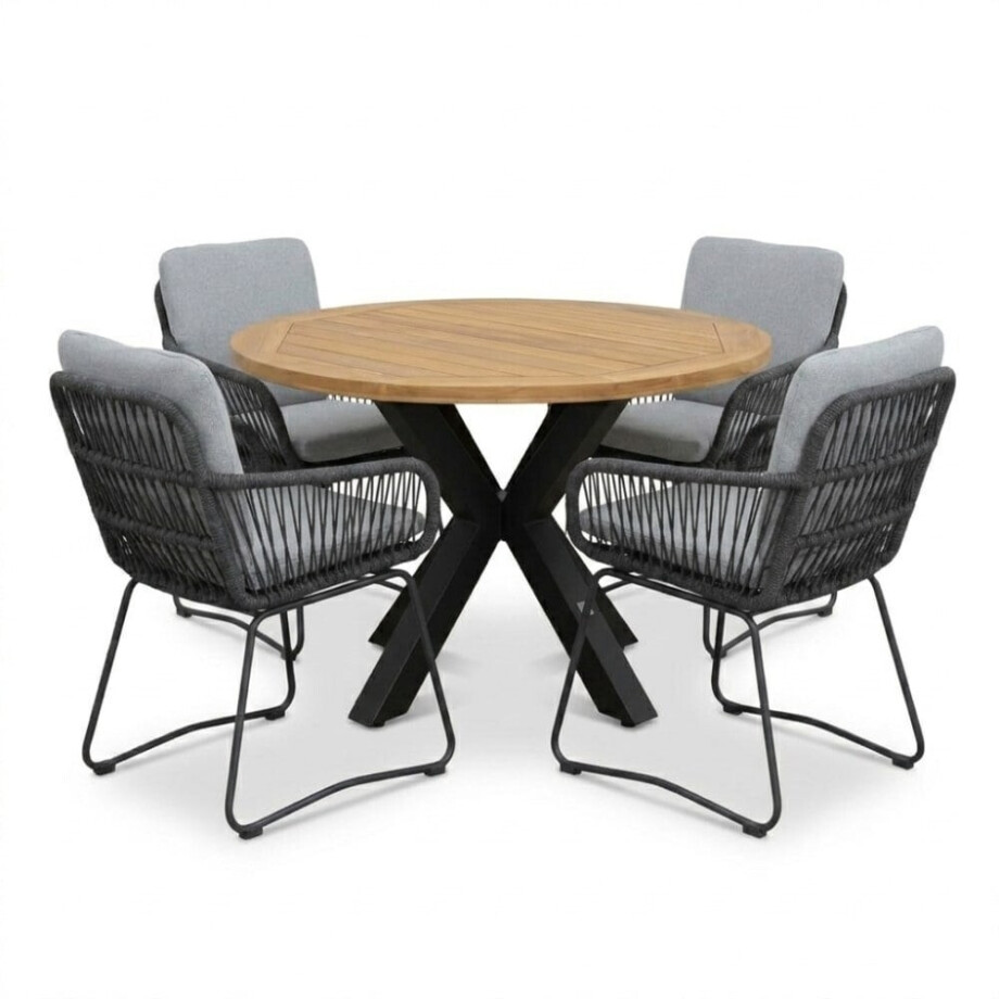 Cleve antraciet/Harper Stone Grey dining tuinset | 4 personen | teakhout + touw | 120cm rond Cleve antraciet/Harper Stone Grey dining tuinset | 4 personen | teakhout + touw | 120cm rond afbeelding 1