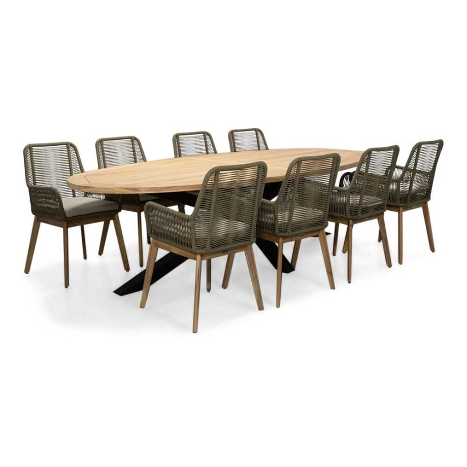 Cleve/Padua olijfgroen dining tuinset | 8 personen | teakhout + touw | 280cm ovaal Cleve/Padua olijfgroen dining tuinset | 8 personen | teakhout + touw | 280cm ovaal afbeelding 1
