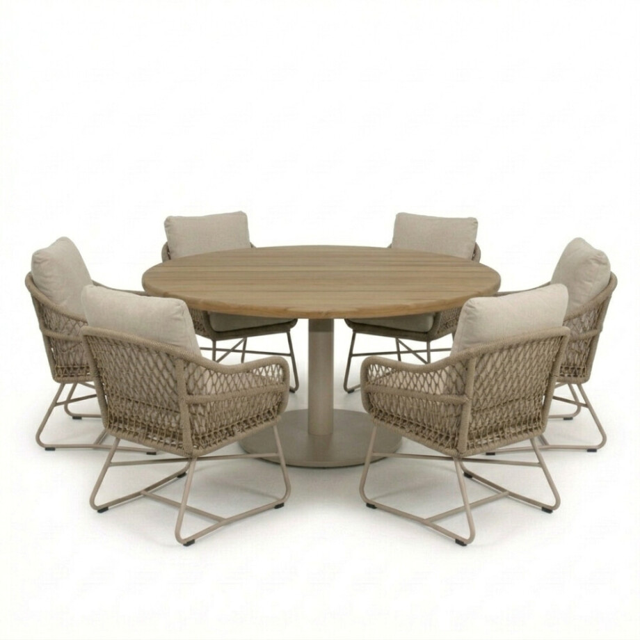 Salora beige/Gianna Sandstone low dining tuinset | 6 personen | teakhout + touw | 150cm afbeelding 