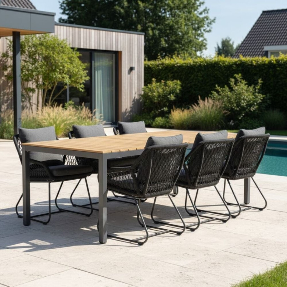 Delta/Portofino zwart dining tuinset | 6 personen | teakhout + touw | 220cm afbeelding 1