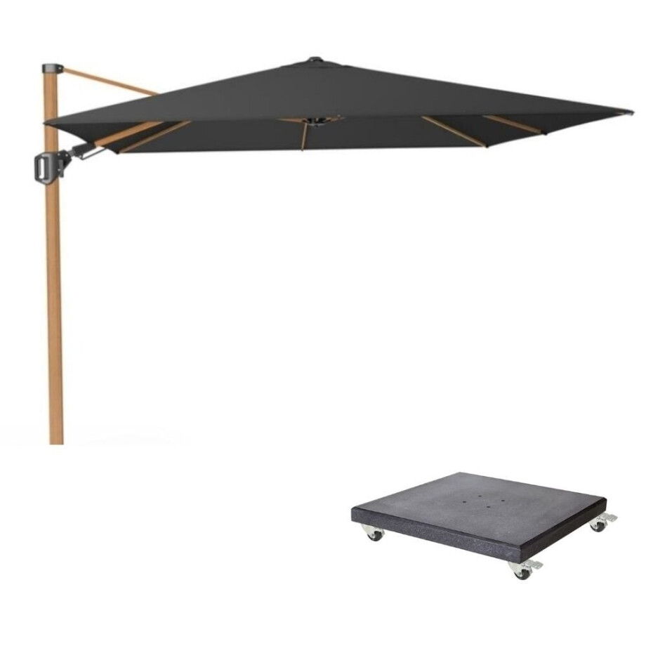 Challenger T² zweefparasol - premium doek | 300x300cm met Modena parasolvoet 90kg | Faded Black/Teak look afbeelding 1