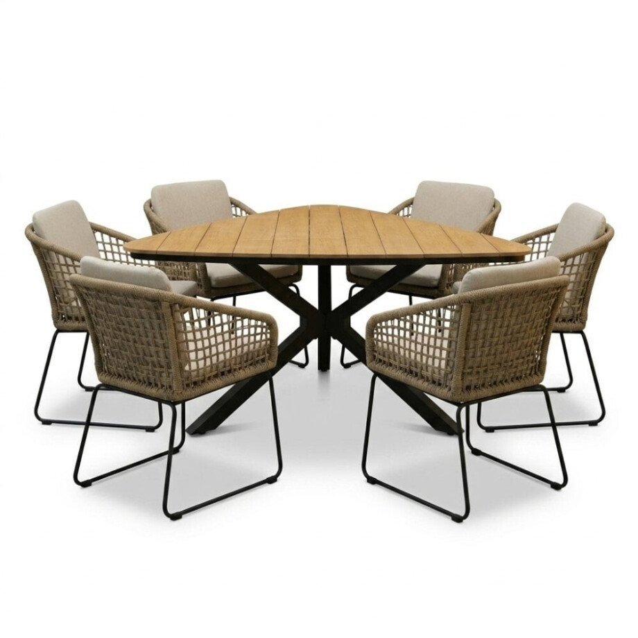 Corsica/Tulum Sahara Dust dining tuinset | 6 personen | polywood + touw | 158cm Corsica/Tulum Sahara Dust dining tuinset | 6 personen | polywood + touw | 158cm afbeelding 1