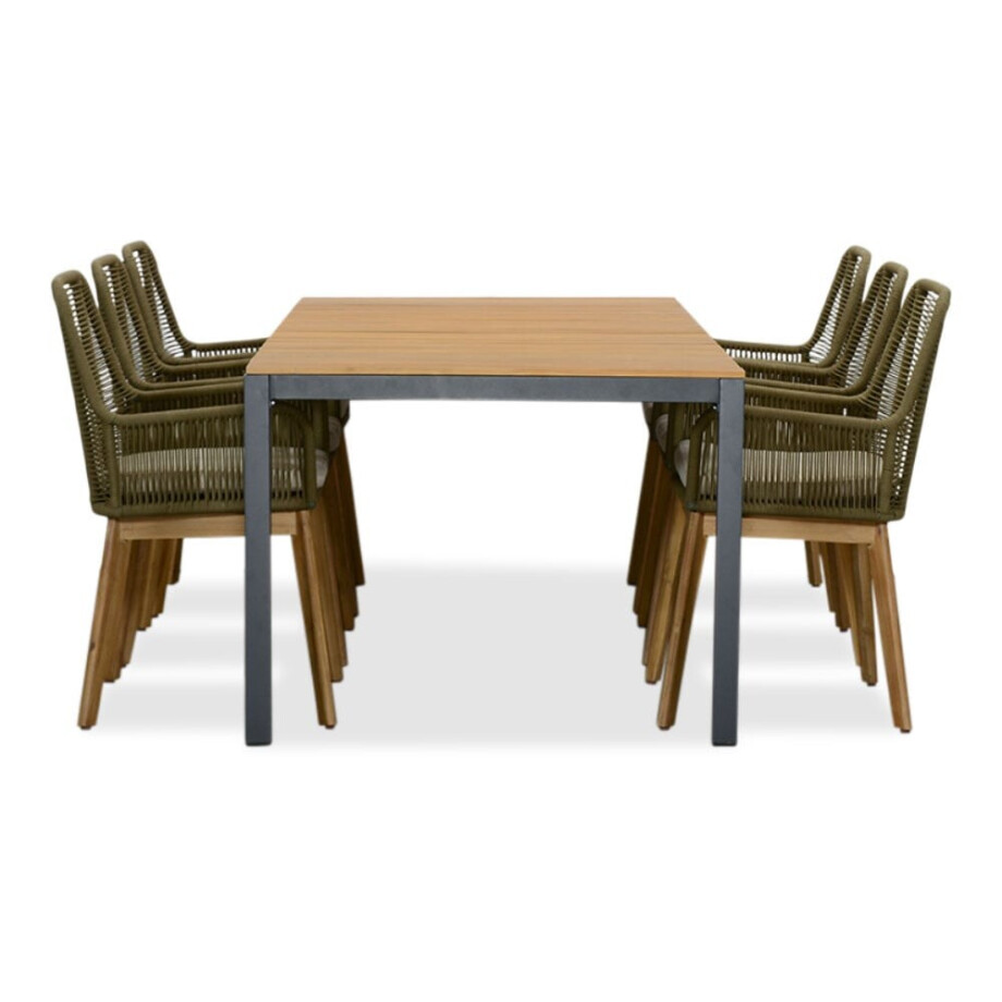 Delta/Padua olijfgroen dining tuinset | 6 personen | teakhout + touw | 220cm Delta/Padua olijfgroen dining tuinset | 6 personen | teakhout + touw | 220cm afbeelding