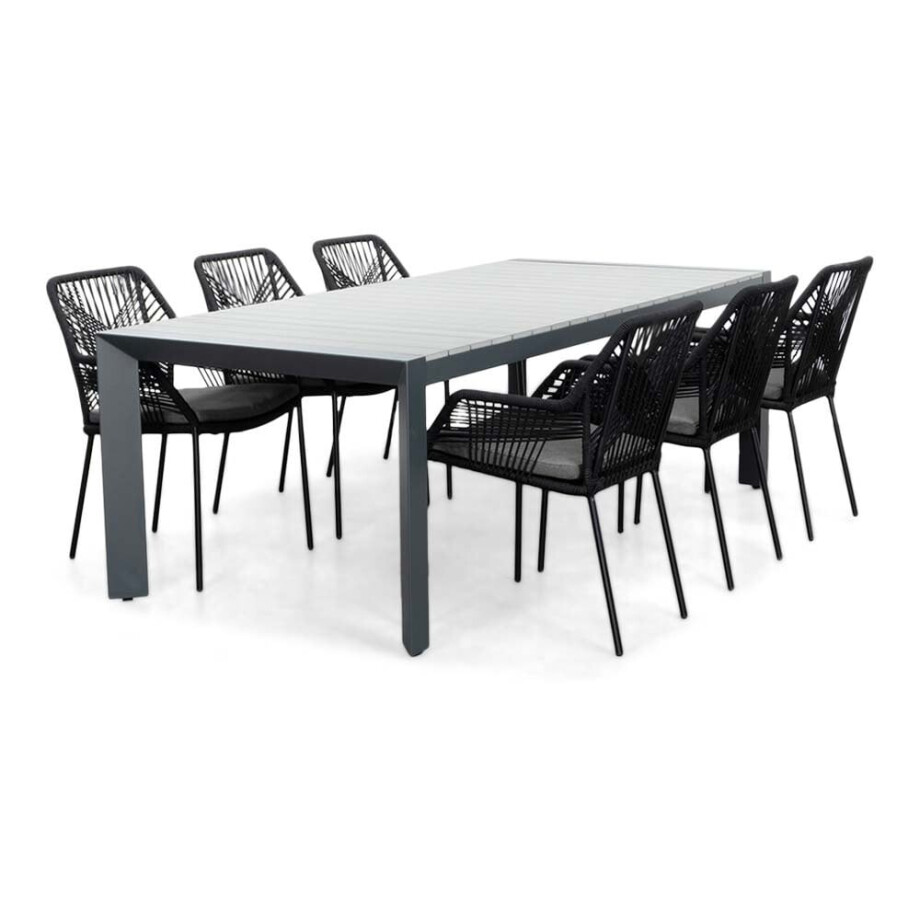 Cortona Grey/Seville zwart dining tuinset | 6 personen | polywood + touw | 220cm afbeelding 1