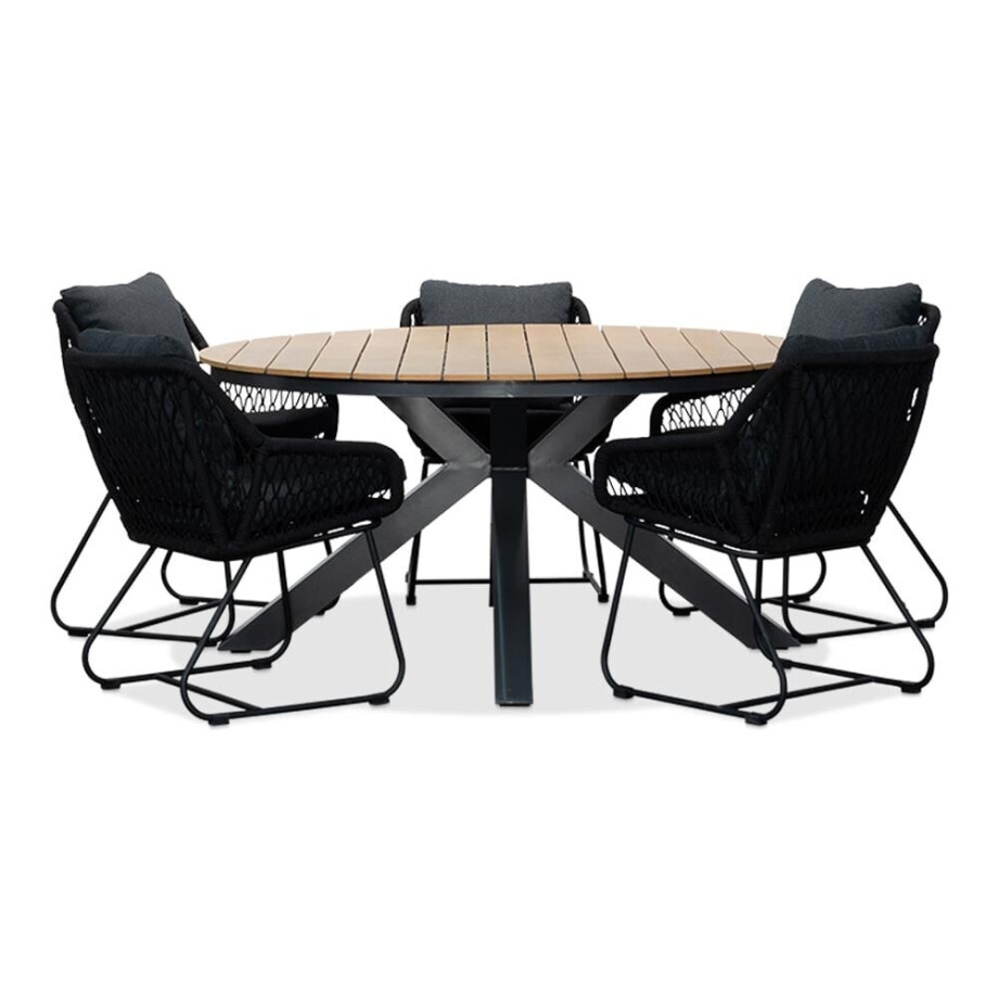 Arezzo/Portofino zwart dining tuinset | 5 personen | polywood + touw | 150cm rond Arezzo/Portofino zwart dining tuinset | 5 personen | polywood + touw | 150cm rond afbeelding 1