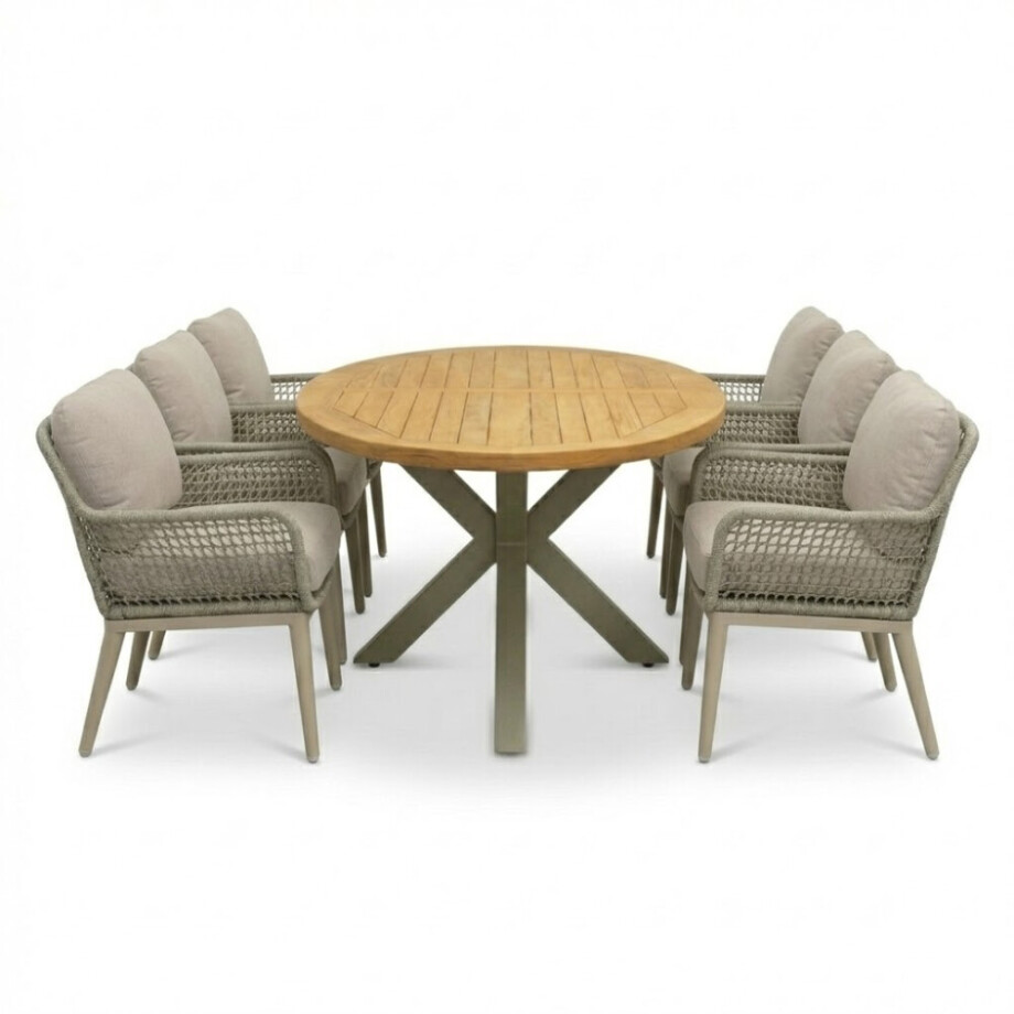 Cleve beige/Mila beige low dining tuinset | 6 personen | teakhout + touw | 240cm ovaal afbeelding 